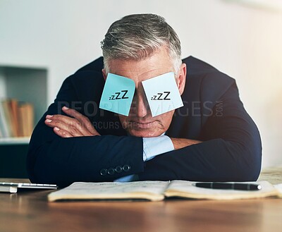 Buy stock photo Sleeping, sticky notes and eyes of business man with tired, burnout and fatigue of a mature professional in office. Paper, mental health and entrepreneur with nap and corporate break at a company