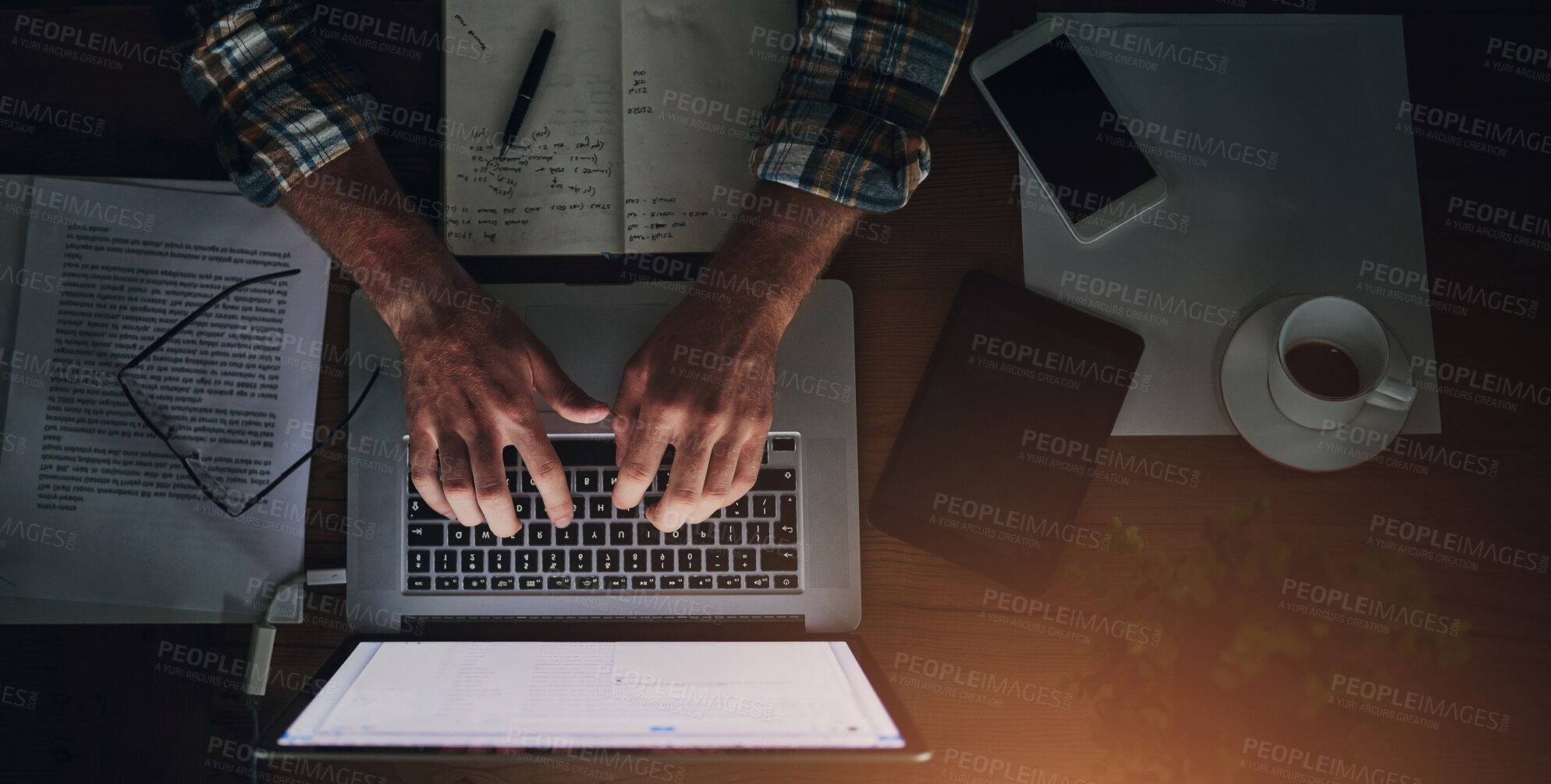 Buy stock photo Businessman, programmer and typing on laptop in office with paperwork for data analytics, coding and software script. Top view, tech expert and employee hands with programming, it developer and notes