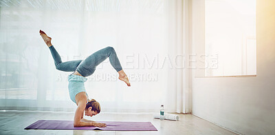 Buy stock photo Yoga, woman and handstand on floor for exercise in home with balance, flexibility and arm strength. Pilates, yogi and fitness for strong core, wellness and healthy body with morning routine in lounge