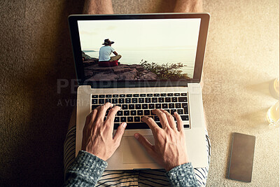 Buy stock photo Home, man and hands on laptop with picture for digital memory, internet and post on social media. Top view, screen and male person with technology on floor for online network, update or connectivity