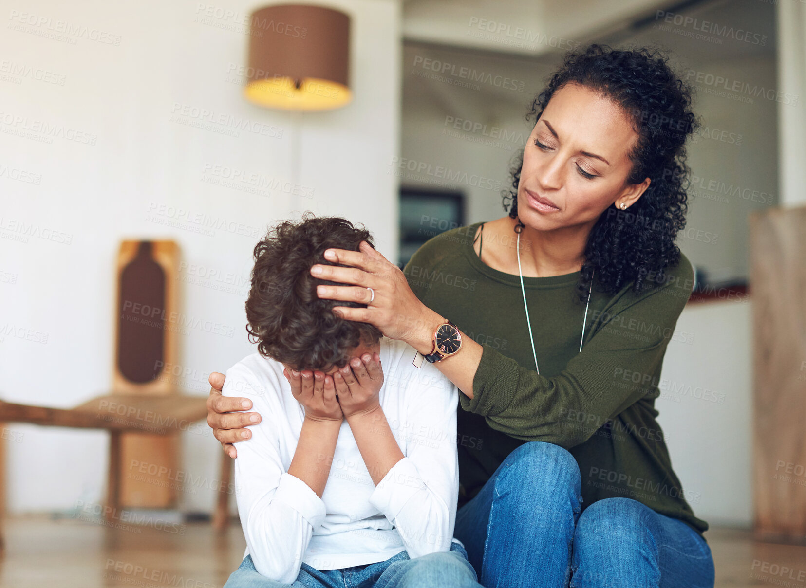 Buy stock photo Empathy, sad and family child, mother or woman comfort crying kid over bullying problem, home depression or youth crisis. Mental health, unhappy and mom with support for young son with emotional pain