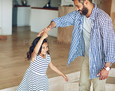 Buy stock photo Family, father and girl dance, home and happiness with love, bonding and movement in the lounge. Male parent, female child and daughter with dad, kid and dancing for fun, playful and loving together