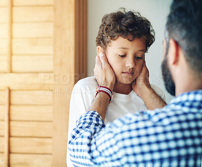 Buy stock photo Depression, sad and care of a father and child together for comfort, love and support or trust. Depressed, empathy and anxiety or mental health problem of a boy kid with man for a talk in family home