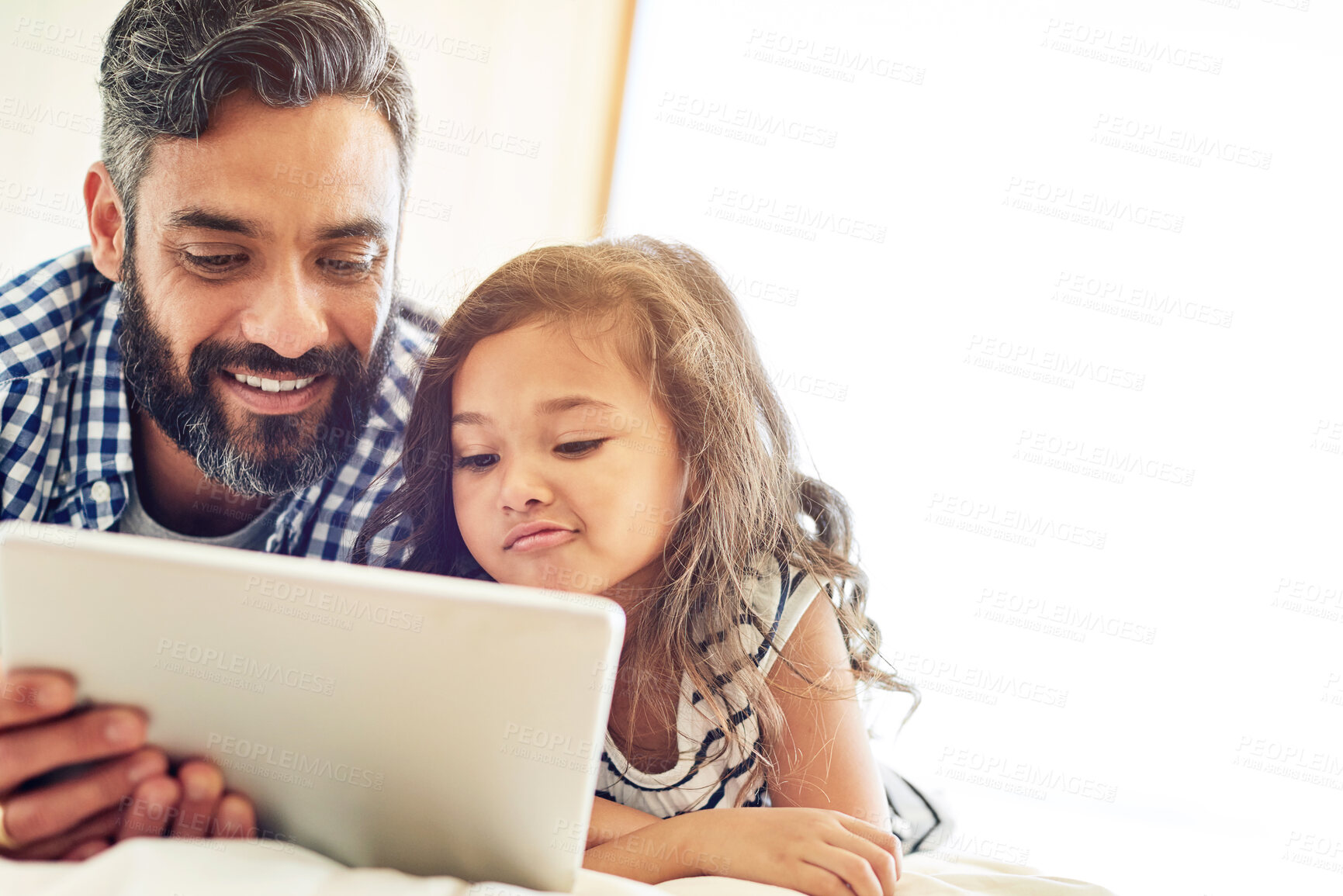 Buy stock photo Father, child and tablet in family home for online games, reading ebook story or educational subscription on mockup. Dad, girl kid and connection on digital technology, web streaming or cartoon media