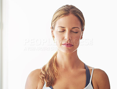 Buy stock photo Calm woman, yoga and meditation on mockup space for spiritual wellness, zen or healthy workout at home. Relaxed female person or yogi meditating for mindfulness exercise and awareness on mock up