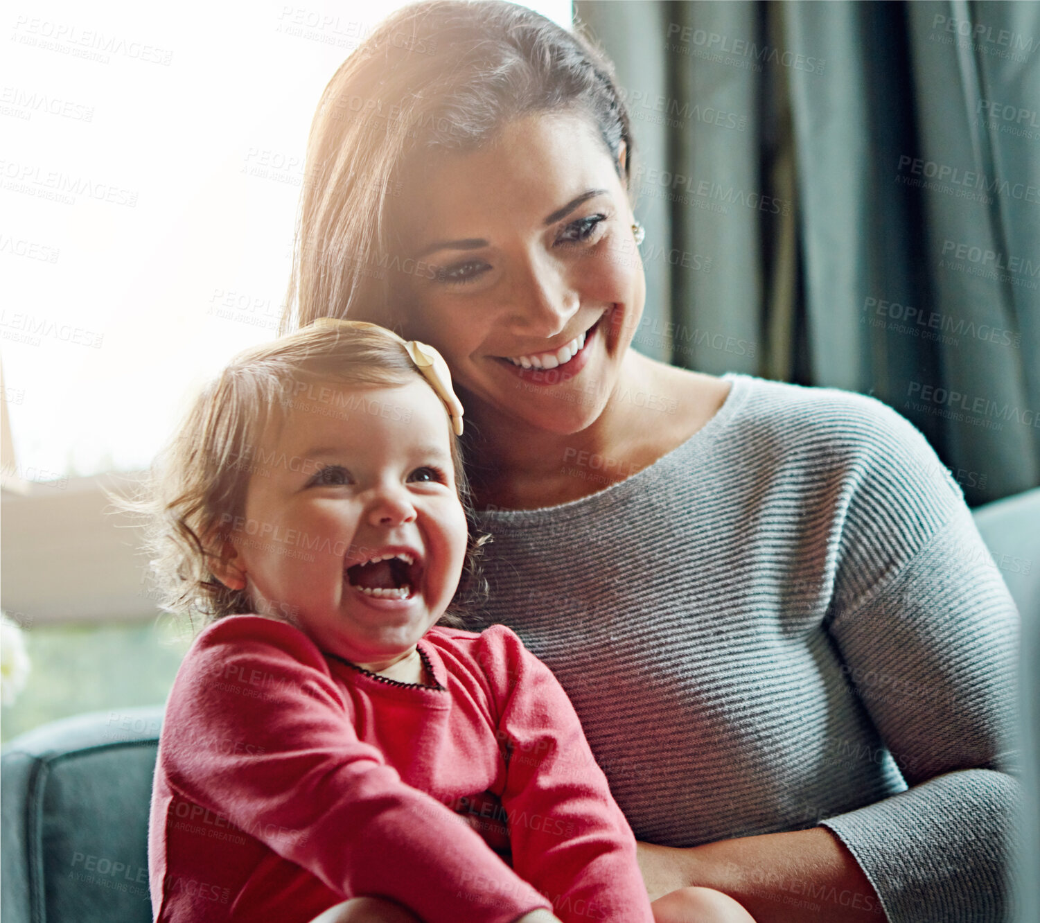 Buy stock photo Relax, happy and laughing with mother and baby on sofa for bonding, quality time and child development. Growth, support and funny with mom and daughter in family home for health, connection and care