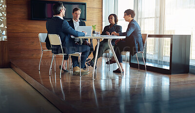 Buy stock photo Professional, teamwork and conversation with strategy in conference room with manager at office. Discussion, business and group with meeting or brainstorming or planning at company for project.   