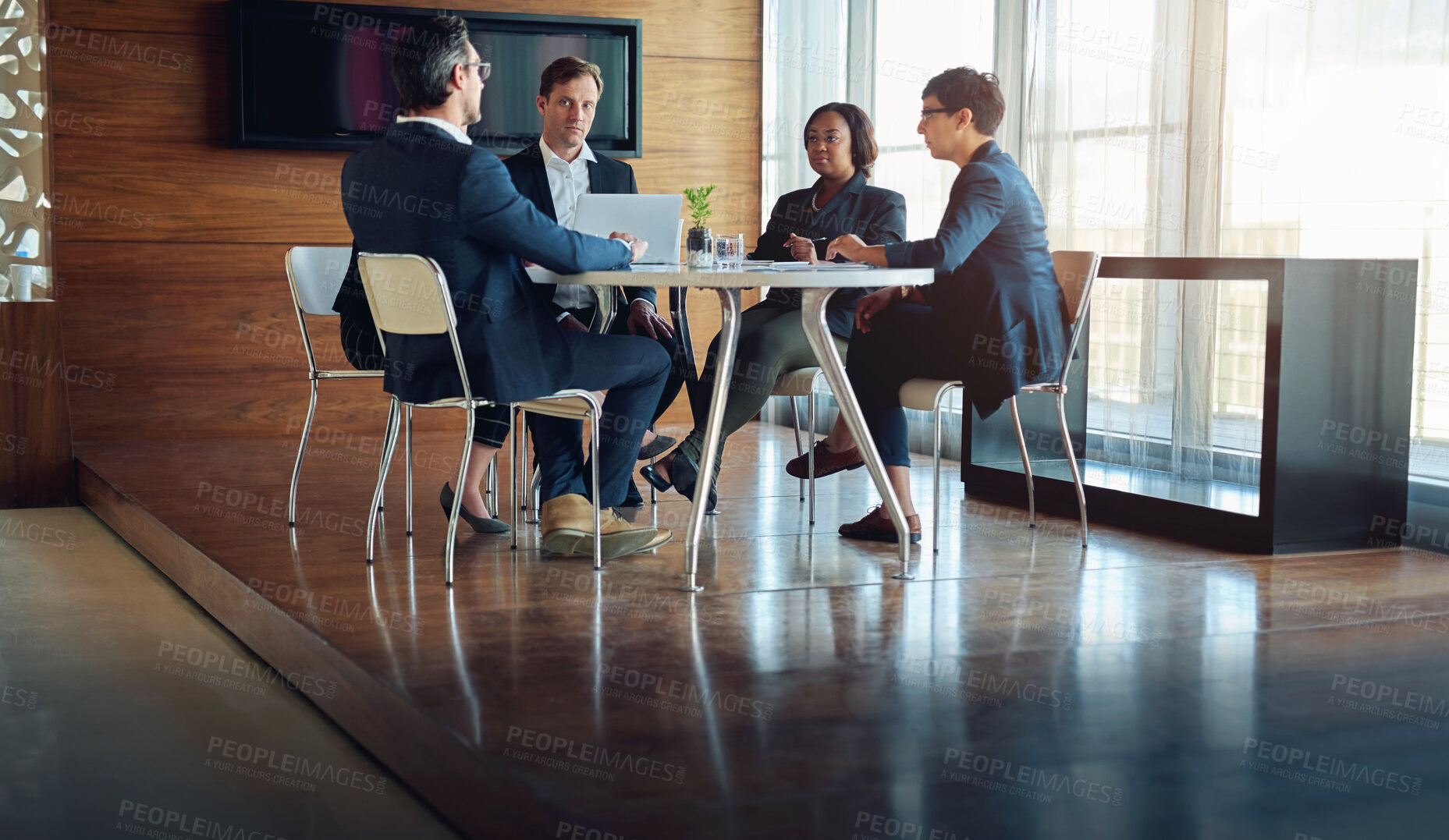 Buy stock photo Professional, teamwork and conversation with strategy in conference room with manager at office. Discussion, business and group with meeting or brainstorming or planning at company for project.   