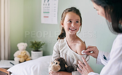 Buy stock photo Healthcare, children and a girl at the pediatrician for an appointment or checkup in the hospital. Medical, covid and vaccine with an adorable little female child sitting on a bed in the clinic