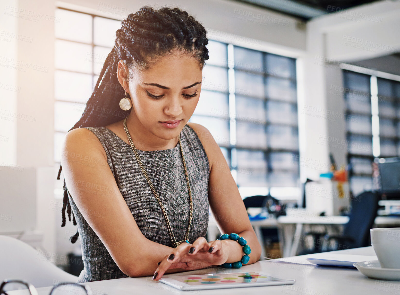 Buy stock photo Office tablet, reading and black woman working on data analysis, social media statistics or advertising insight. Brand monitoring software, customer experience research or person review web analytics