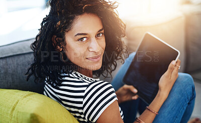 Buy stock photo Relax, tablet and portrait of woman on sofa in home for network, online website and social media. Communication, mobile app and African female person on digital tech for chat, message and internet