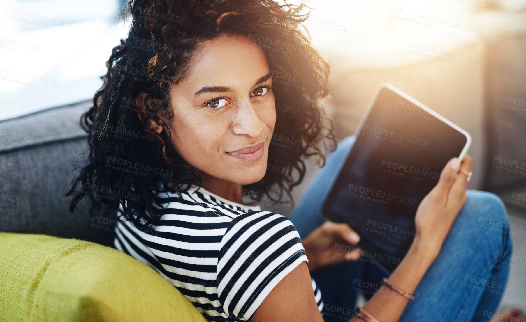 Buy stock photo Relax, tablet and portrait of woman on sofa in home for network, online website and social media. Communication, mobile app and African female person on digital tech for chat, message and internet