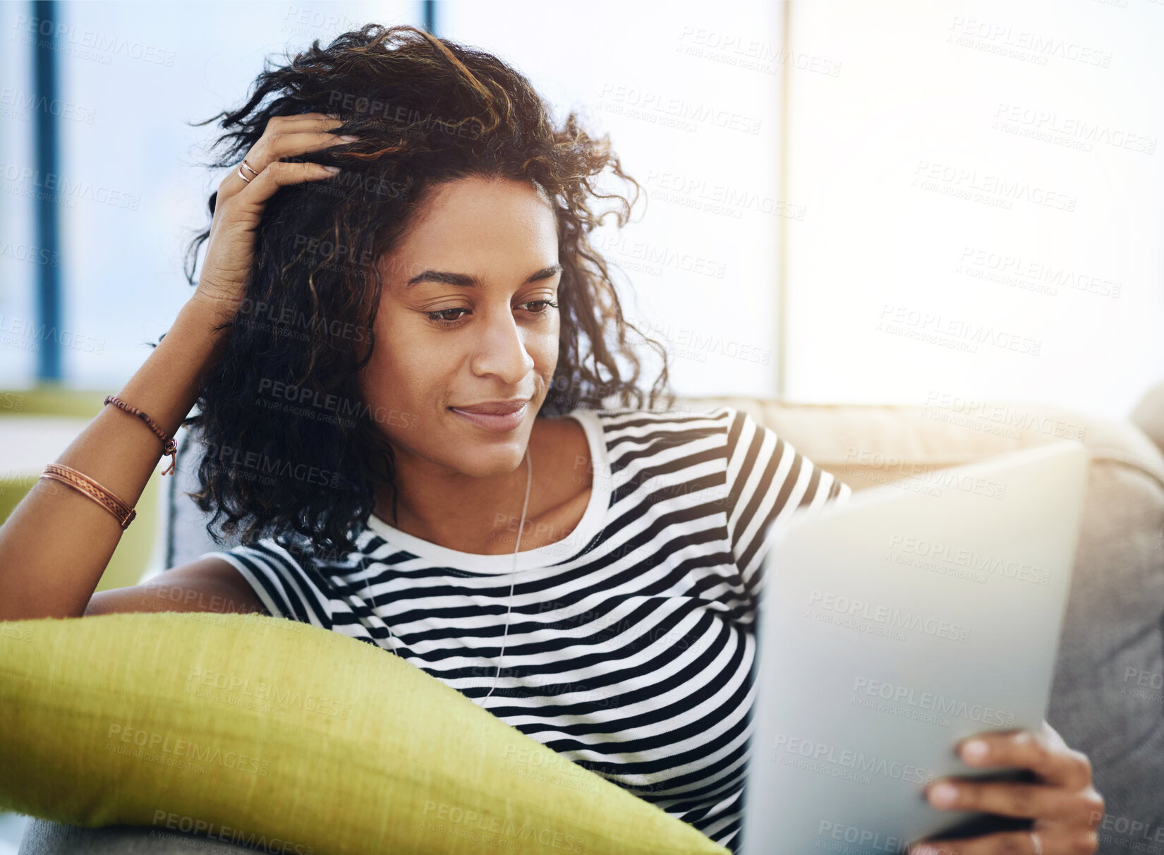 Buy stock photo Relax, tablet and woman on sofa in home for network, online website and social media. Communication, mobile app and African female person on digital tech for streaming, videos and internet connection