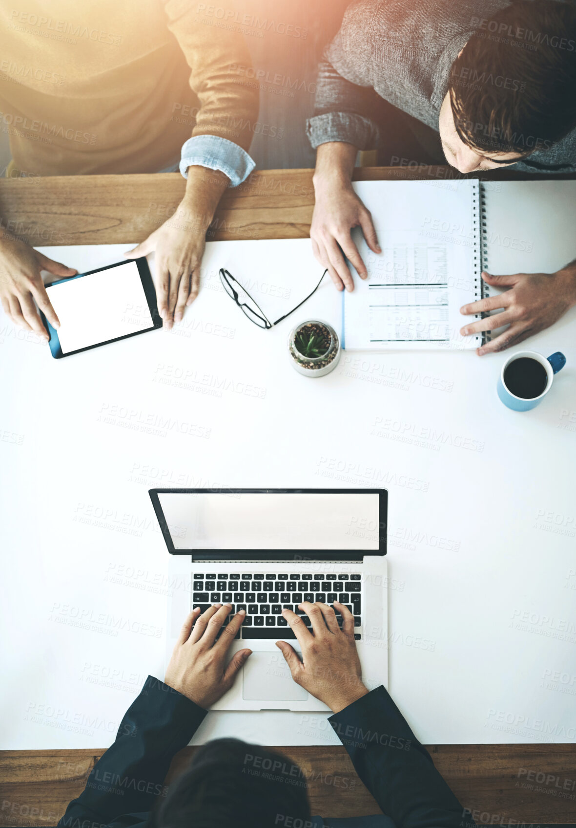 Buy stock photo Tablet, laptop or screen mockup by business people in top view office with financial documents, budget or review. Economy, hands or accounting team in meeting for inflation, solution or brainstorming