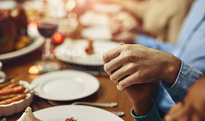 Buy stock photo Prayer, Christmas and hand holding with family at table in dining room for holiday, food or worship. Celebration, support and gratitude with closeup of people at home for kindness, dinner and love