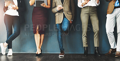 Buy stock photo Connected, communication and network of diverse businesspeople using multimedia technology, waiting for an interview. Professional group standing in a row, browsing social media with online apps