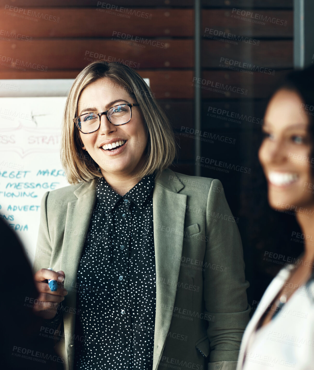 Buy stock photo Woman, group and employees brainstorming, meeting and collaboration with a new project, development and profit growth. Female leader, coworkers or consultant with clients, share ideas and partnership