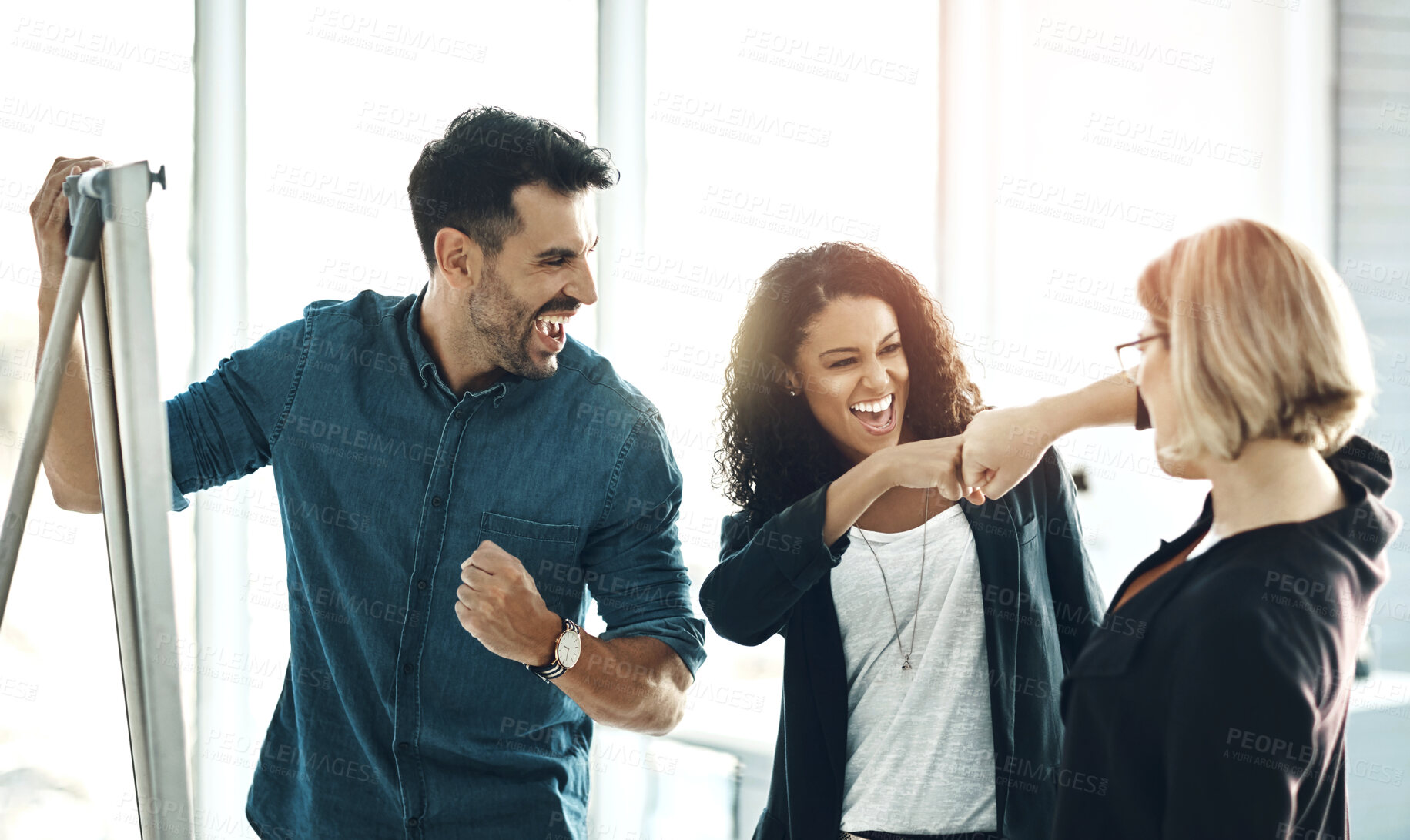 Buy stock photo Brainstorming, fist bump and happy business people celebrate success, teamwork achievement or innovation. Whiteboard, winner and excited team, management or group celebration for planning development