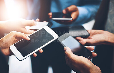 Buy stock photo Business people, hands and phone screen with connectivity in a office with online data. Contact, collaboration and web management team on mobile with sales charts and social network for planning