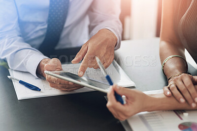 Buy stock photo Hands, tablet and meeting with business people in the boardroom for planning, strategy or collaboration. Teamwork, research and technology with corporate employees in the office during a workshop