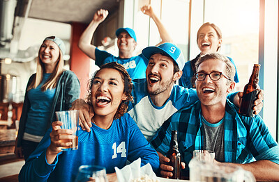 Buy stock photo People, fans and group at pub, cheering for victory in sports on television with celebration for goal. Team, supporters and beer for soccer, tournament or match as friends with loyalty in world cup