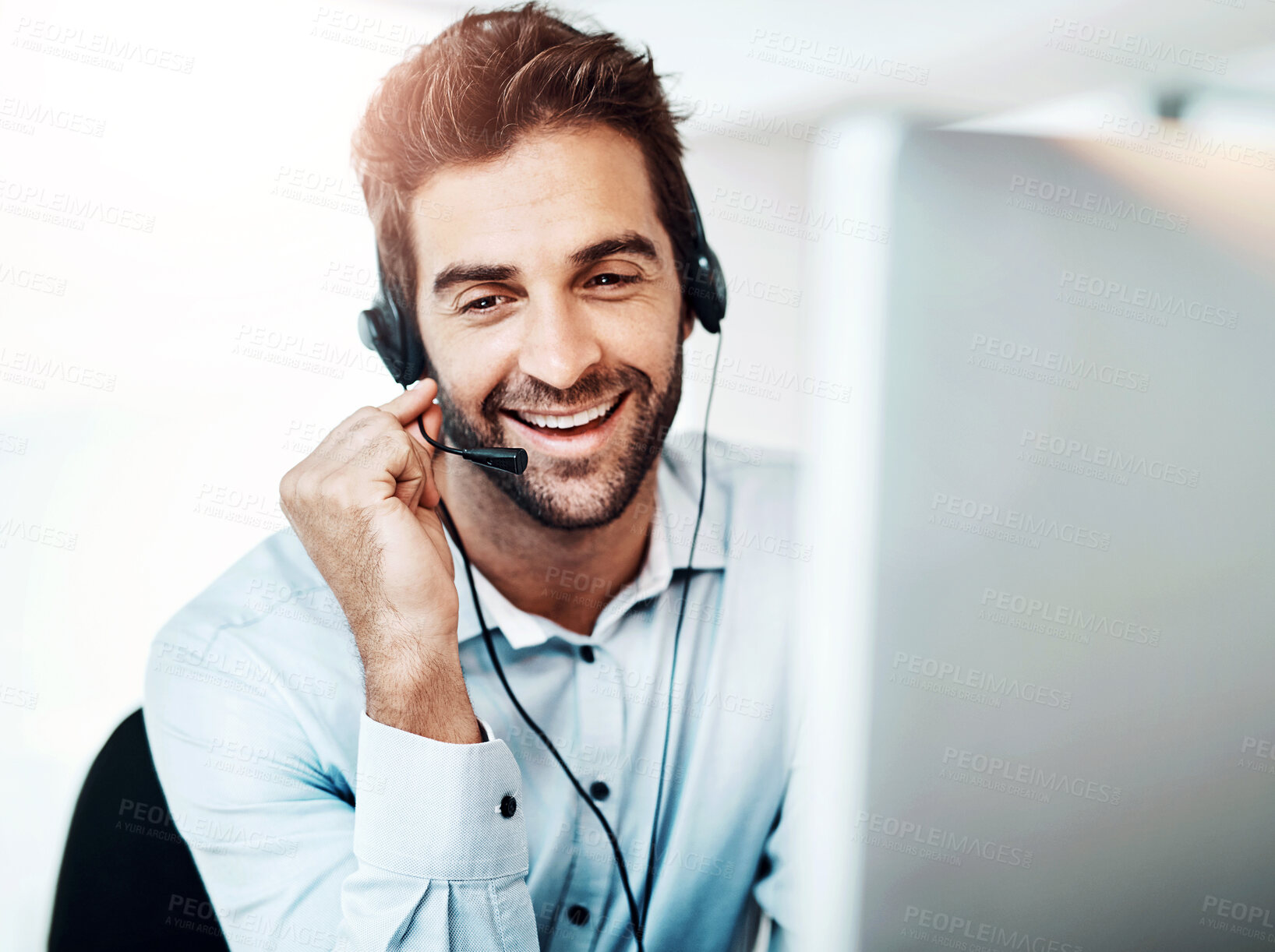 Buy stock photo Telemarketing, agent and man with a smile, call center and conversation with advice, help and customer service. Male person, happy employee and consultant with headphones, tech support and connection