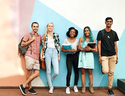 Buy stock photo Students, portrait and happy on campus with diversity for education, learning and knowledge with books. Friends face and group of people smiling for university, study and scholarship in Massachusetts