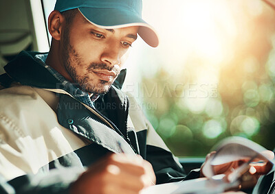 Buy stock photo Writing, delivery and checklist with man in van for courier, logistics and shipping. Ecommerce, export and distribution with male postman in vehicle for mail, package and cargo shipment