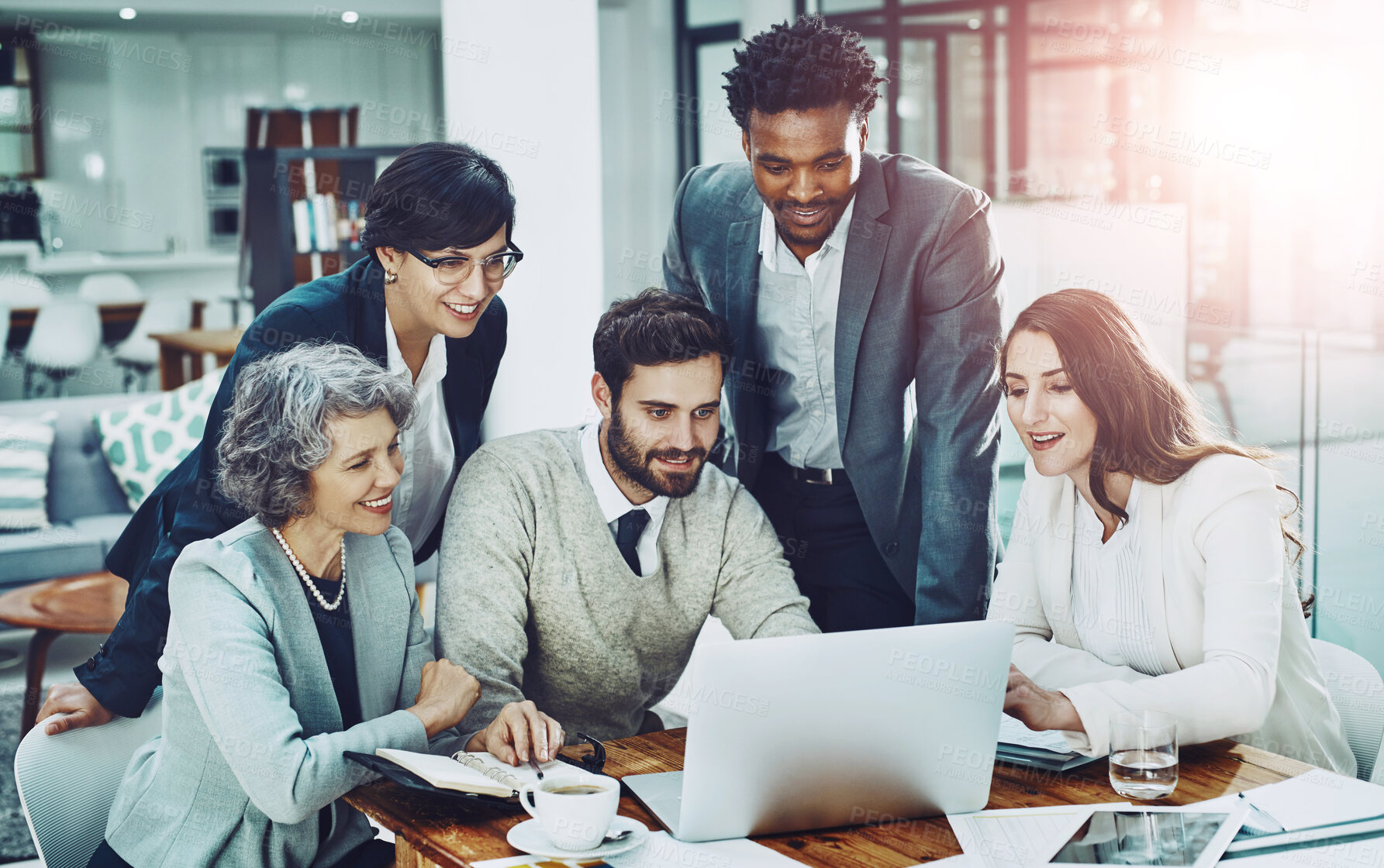 Buy stock photo Laptop, smile or business people planning in meeting for team strategy or working on project in company. News, digital or happy employees smiling or talking in group discussion for growth in office 