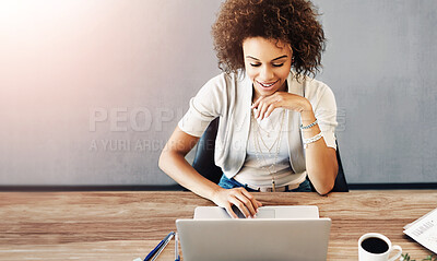 Buy stock photo Woman, laptop and office working with smile for startup, happiness for career and small business. Female entrepreneur, graphic designer and computer at desk for reading, research and company website