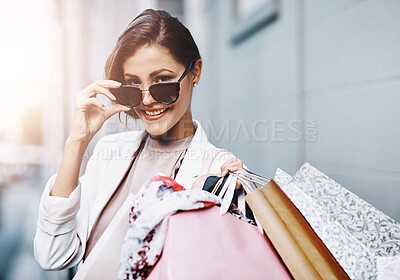 Buy stock photo Portrait, shopping bag or happy woman in city walking on urban street for boutique retail sale or clothes. Sunglasses, smile or fashionable rich girl customer on road smiling with luxury products 