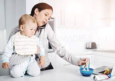 Buy stock photo Family, baby and mother with multitasking, home and phone call with stress, feeding toddler and burnout. Mama, female parent and infant in the kitchen, smartphone and communication with frustration