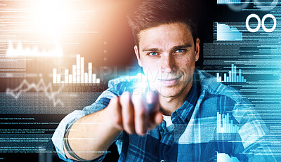 Buy stock photo Programmer or engineer working with CGI graphic of data, graphs and charts. Portrait face of an information technology software designer showing business marketing growth, development and innovation
