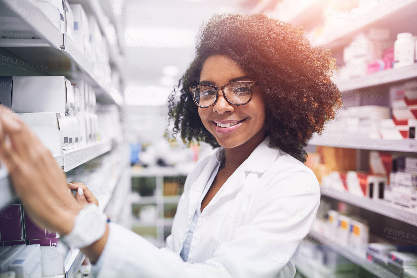 Buy stock photo Healthcare, medicine and portrait of girl at a pharmacy for inventory, stock and prescription drug check. Industry, face and happy woman pharmacist with glasses at store for pills, inspection or help