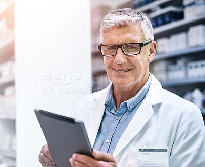 Buy stock photo Pharmacist, portrait and senior man on tablet for stock, inventory and medical information notes. Medicine, checklist and face of elderly male in a pharmacy online for pills and prescription