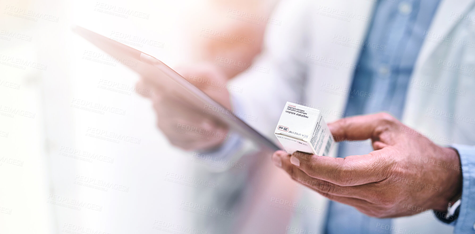 Buy stock photo Man, hands and tablet with pills for inventory, checking stock or inspection at clinic store. Hand of male person or medical expert with technology and medication for pharmaceutical prescription