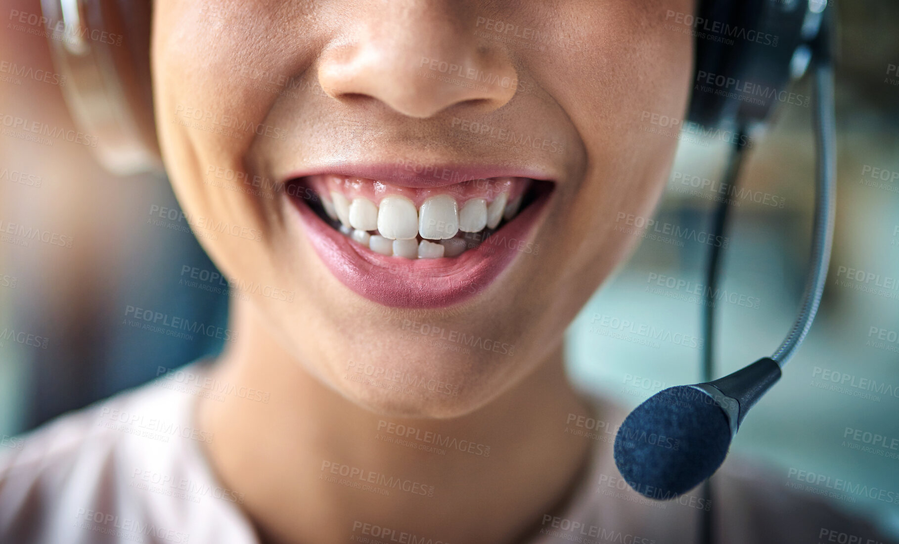 Buy stock photo Happy woman, teeth and smile in call center with headphones for customer service or telemarketing. Closeup of friendly female person or consultant agent mouth smiling with headset mic to contact us