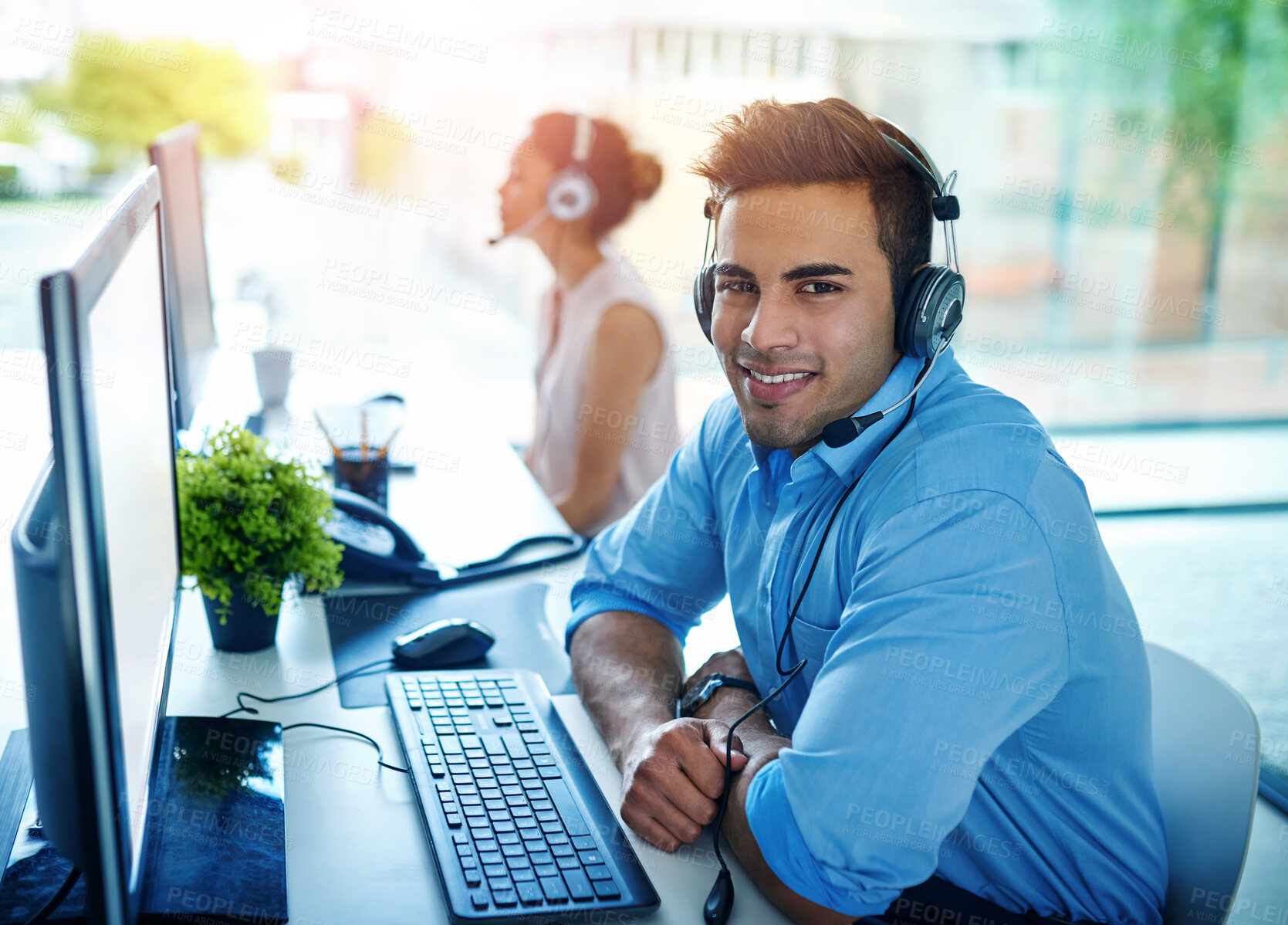 Buy stock photo Happy businessman, portrait and call center for customer service, support or telemarketing at office. Friendly man person, consultant or agent with smile on computer for online advice in contact us