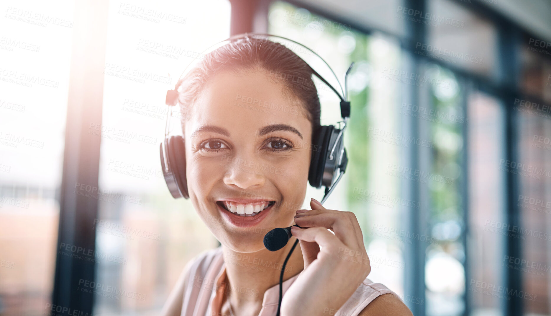 Buy stock photo Customer support, portrait and female call center consultant working on online consultation in office. Contact us, headset and face of woman telemarketing agent with crm communication in workplace.