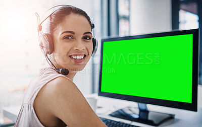 Buy stock photo Happy woman, call center and green screen on computer in customer service or telemarketing at office. Portrait of female person, consultant or agent smiling on PC with chromakey or mockup display