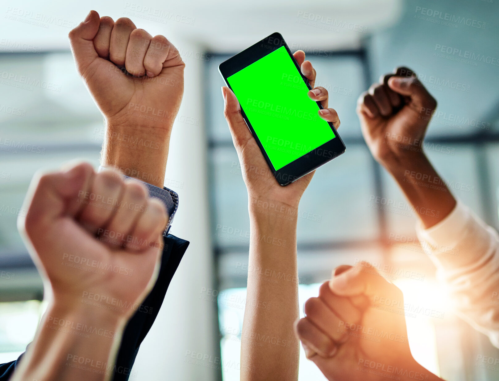 Buy stock photo Hands of business people cheering and celebrate good news on a phone with chroma key, green screen for copy space. Excited team of office workers showing hand gesture for success, victory and winning