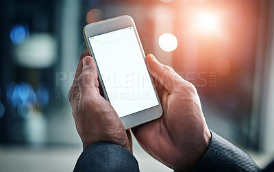 Buy stock photo White, blank phone screen and copyspace of male hands holding a mobile. A man holds a smartphone closeup while enjoying the modern digital age of technology. Scrolling social media online at night 