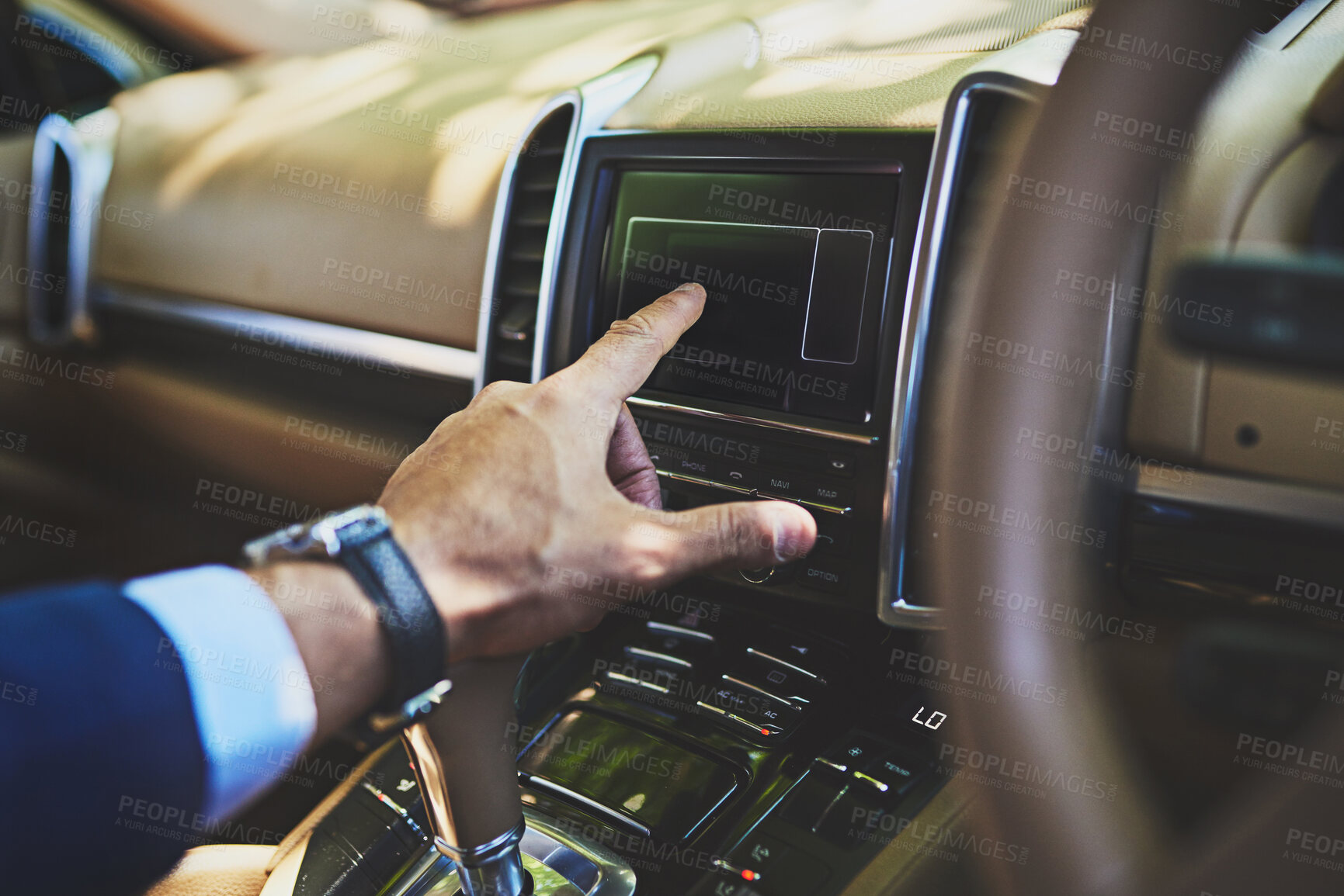 Buy stock photo Screen, map and hand of person in car for location, search or check directions. Navigation, commute and driver with technology for online traffic notification, destination or travel route in vehicle