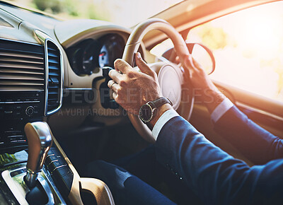 Buy stock photo Man, hands and travel or driving car, commute or steering wheel or en route for business trip in transport. Navigation, display screen or professional driver, work journey and automobile with gps map