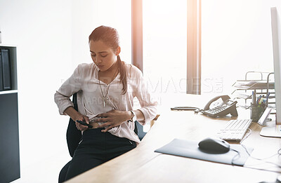 Buy stock photo Business, woman and injection in office for diabetes for daily dose, treatment and glucose management for healthcare. Girl, abdomen and workplace with medical instrument for sugar control and monitor