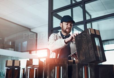 Buy stock photo Courier, tablet and packaging in warehouse with check for beer, stock and inventory for Oktoberfest in Munich. Man, storage and boxes for delivery with alcohol, touchscreen and app for supply chain