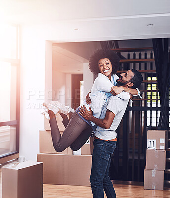 Buy stock photo Moving in portrait, couple hug and love with real estate sale and cardboard boxes at new apartment. Happiness, excited and African woman and man together with a smile from mortgage and property deal