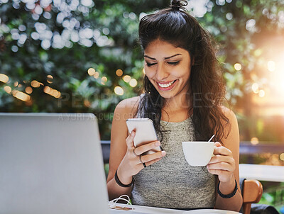 Buy stock photo Coffee, smile and woman with cellphone, texting and communication for schedule of meeting and online.  Cafe, entrepreneur and person with mobile, typing and email for pitch of business for funds