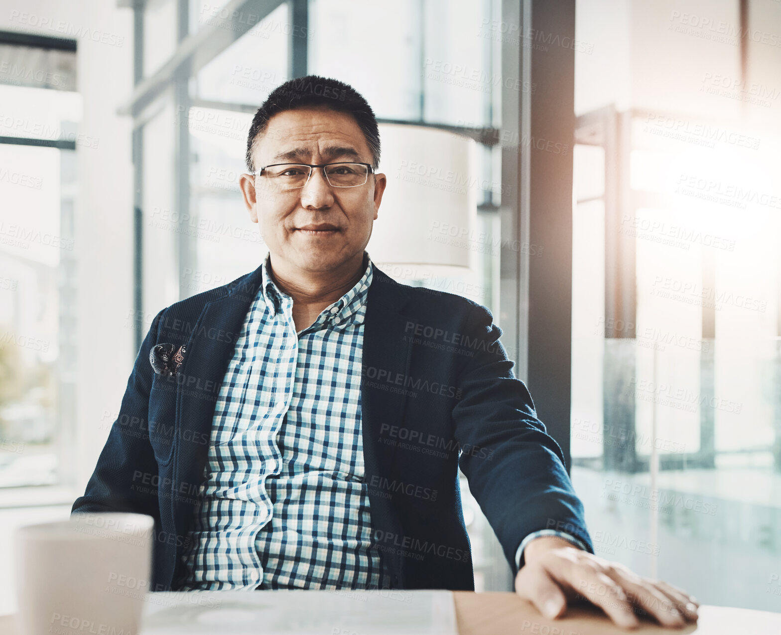 Buy stock photo Leadership, mature and asian man in portrait with investment, wealth and business planning at his office. Management ceo, executive or corporate senior manager, person or people with company vision