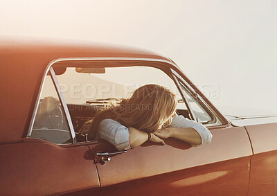 Buy stock photo Sunset, girl and relax in car on road trip, peace and adventure with mockup. Woman, ocean view and cross country journey to cliff for travel, scenery and look out window in evening for dream